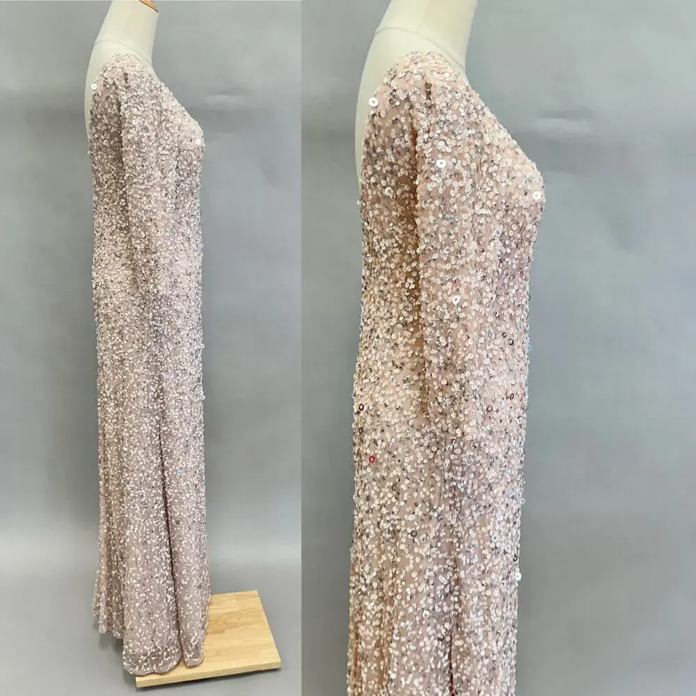 Adrianna Papell 3/4 Sleeve Scoop Back Champagne Sequin‎ Maxi Gown Size 4